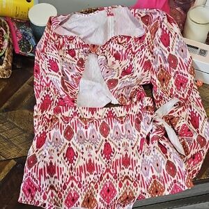 Pink Ikat Tie-Front Long-Sleeve Tunic